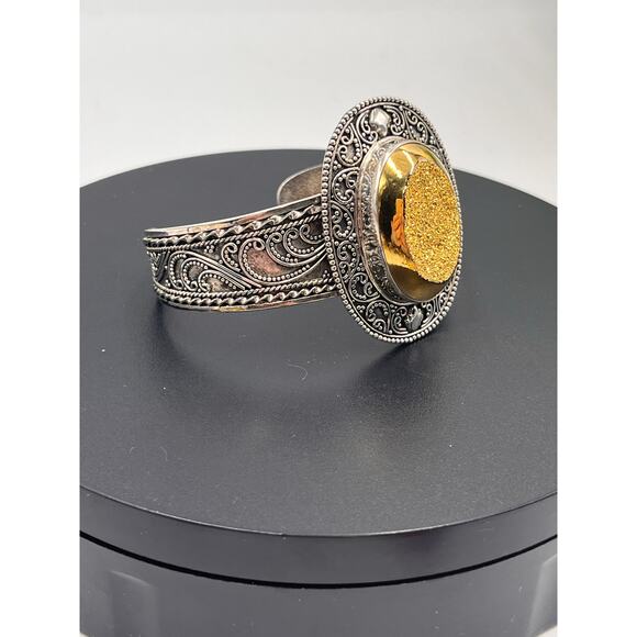 Indonesia Sterling Silver 925 Filigree Large Oval Gold Drusy Cuff Bracelet 41.5g - Picture 2 of 9